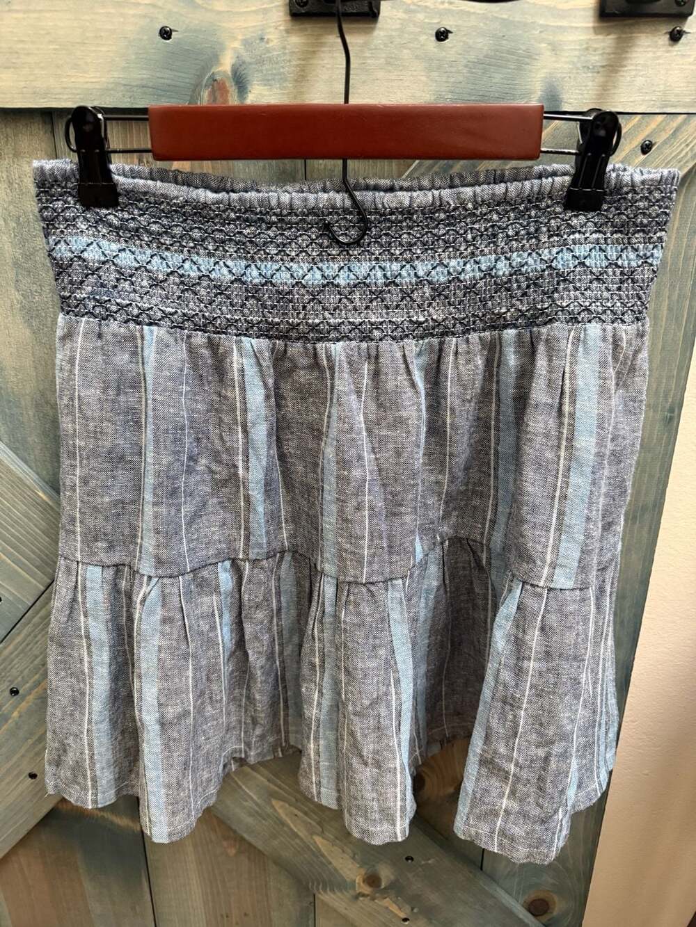 Indigo Rein Skirt Size L Blue Striped Linen Blend Smocked Tiered Mini